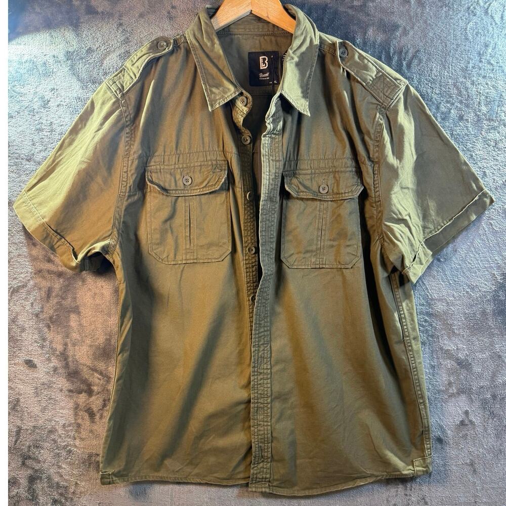 Brandit Men's Vintage Short Sleeve Shirt Olive Green Tactical Cargo XXL NWT